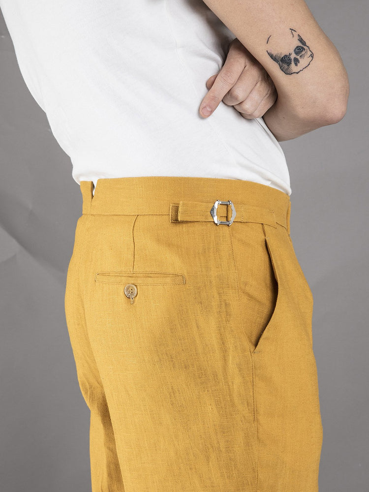 Linen High Waisted Trousers - Mustard - Basic Rights