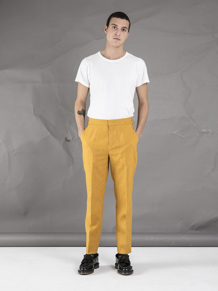 Linen High Waisted Trousers - Mustard - Basic Rights