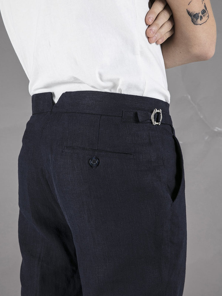 Linen High Waisted Trousers - Navy - Basic Rights