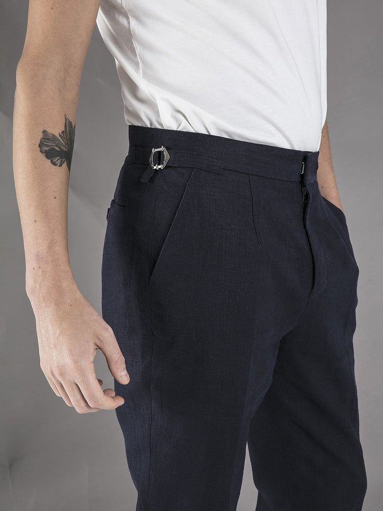 Linen High Waisted Trousers - Navy - Basic Rights