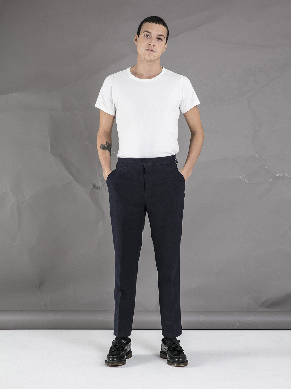 Linen High Waisted Trousers - Navy - Basic Rights