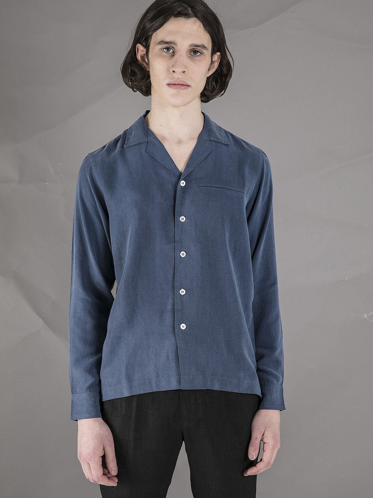 Long Sleeve Camp Collar Shirt - Blue - Basic Rights